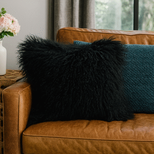 100% Real Mongolian Lamb Fur Throw Pillow Cover|Fur Decorative Cushion Cover Pillow Case for Living Room (Black)