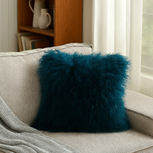 100% Wool Mongolian Lamb Fur Throw Pillow (Teal)